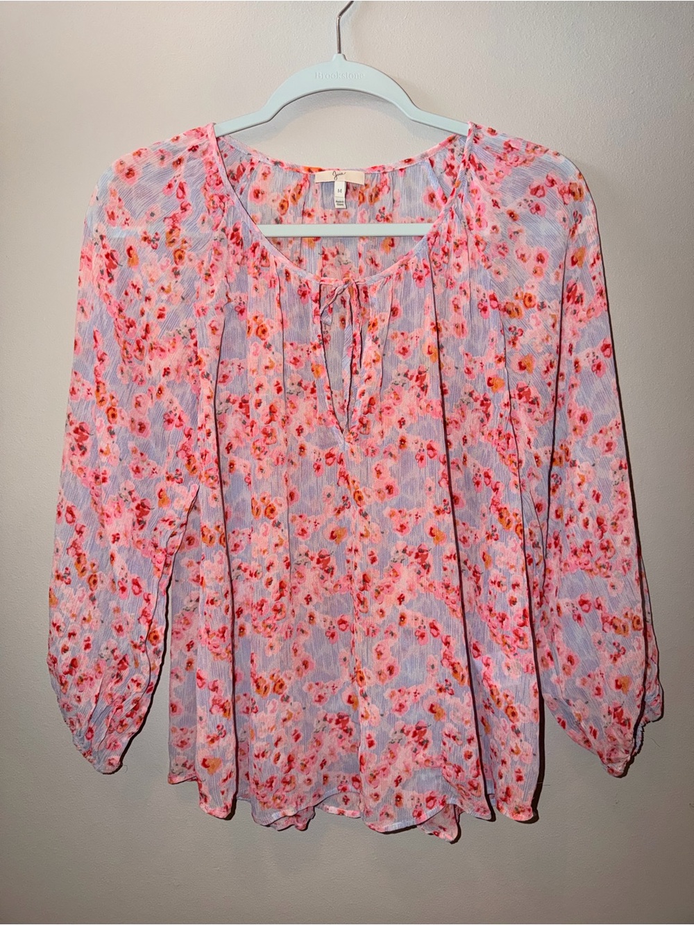 Joie Rochan 100% Silk Pink Red Floral Keyhole Tie Blouse Top